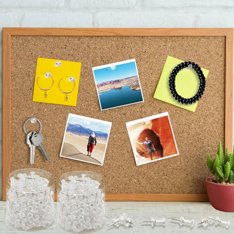 Clear Push Pins Set With Steel Point And Plastic Head, 2400 Pieces In 12 Boxes for wall hanging on bulletin board with photos and keys.