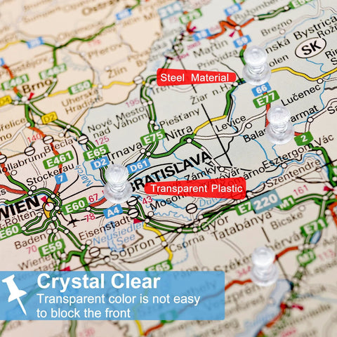 Clear Push Pins Set With Steel Point And Plastic Head on map showing transparent color and steel point in detail.