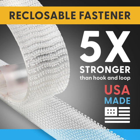 Industrial Strength 1 Inch By 5 Foot Clear Self Mating Reclosable Fasteners roll showing textured adhesive back with USA flag.