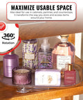 Two Pack Clear Rectangular Fridge Organizer Turntable Lazy Susan with 360 Degree Rotating Shelf holding toiletries.