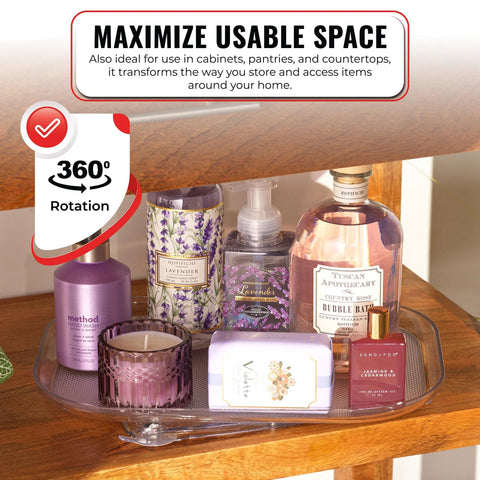 Two Pack Clear Rectangular Fridge Organizer Turntable Lazy Susan with 360 Degree Rotating Shelf holding toiletries.