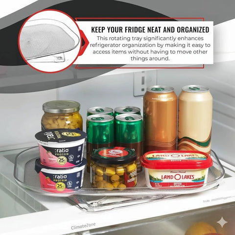Two Pack Clear Rectangular Fridge Organizer Turntable Lazy Susan With 360 Degree Rotating Shelf, holding cans and jars in fridge.