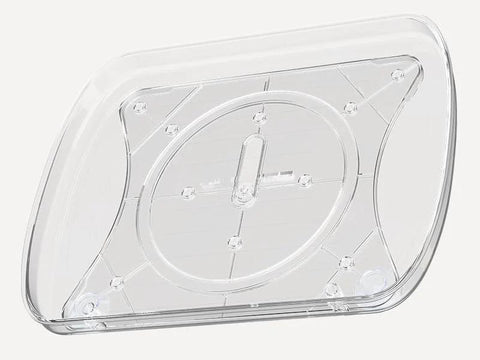 Clear Rectangular Refrigerator Lazy Susan Organizer With 360 Degree Rotation And Pullout Design showing bottom view of acrylic base.