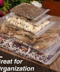 400 Pcs Clear 3x4 Inch Jewelry Bags 2 Mil Resealable Zip Bags storing various dry foods on a wooden table