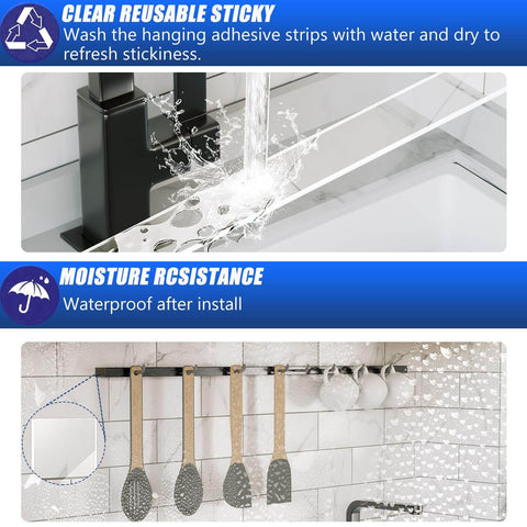 Extra Wide Double Sided Mounting Tape Heavy Duty Clear Adhesive Strips in sink and on wall holding kitchen tools