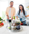 Clear Lazy Susan Turntable Set 9.25 Inch Rotating Organizer Two Pack For Vanity Kitchen Cabinet Pantry Spices Condiments in use on kitchen counter