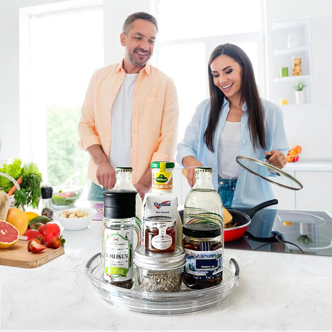 Clear Lazy Susan Turntable Set 9.25 Inch Rotating Organizer Two Pack For Vanity Kitchen Cabinet Pantry Spices Condiments in use on kitchen counter