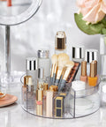 360 Degree Rotating Makeup Organizer Turntable for Vanity and Bathroom Counter, clear Lazy Susan with cosmetics and brushes