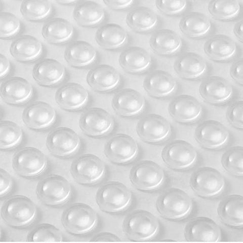 Clear Rubber Feet Adhesive Door Bumpers 300 Pack For Furniture And Cabinets, Sound Dampening Buffer Pads To Prevent Scratches And Slams, Noise Reduction, Easy Sticky Cushions, 8.5 By 2.5 Mm close-up view showing clear adhesive pads