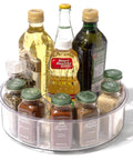 Round Turntable Organizer With Six Removable Clear Bins 11.7 Inch Rotating Storage Tray with spices and condiments on a kitchen counter.