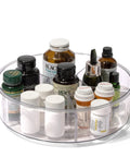 Round Turntable Organizer With Six Removable Clear Bins 11.7 Inch Rotating Storage Tray filled with various bottles and jars