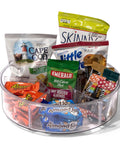 Round Turntable Organizer With Six Removable Clear Bins 11.7 Inch Rotating Storage Tray filled with various snacks