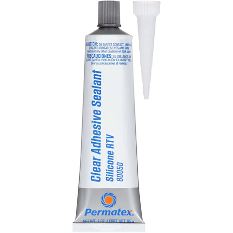 Tube of Clear RTV Silicone Adhesive Sealant 3 Oz Sensor Safe General Purpose Sealant with applicator tip for indoor/outdoor use.