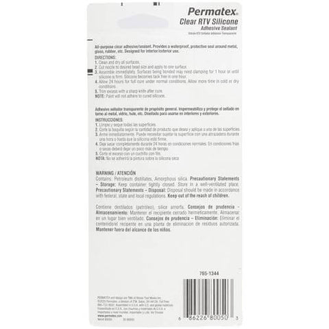 Back view of Clear RTV Silicone Adhesive Sealant 3 Oz Sensor Safe General Purpose Sealant packaging with instructions and warnings