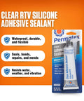 Clear RTV Silicone Adhesive Sealant 3 Oz Sensor Safe General Purpose Sealant for indoor/outdoor use shown in packaging