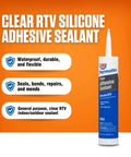 Clear RTV Silicone Adhesive Sealant For Indoor And Outdoor Use, Waterproof, 11 Oz Tube with features on orange background
