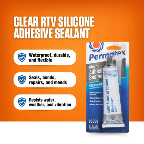 Clear RTV Silicone Adhesive Sealant, 3 Oz Tubes, Pack Of 12 in retail packaging emphasizing waterproof and durability features.