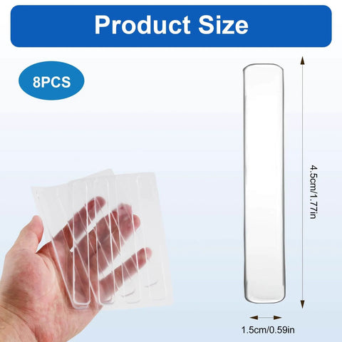 Clear Self Adhesive Rubber Furniture Wall Bumpers Door Slam Silencers Anti Collision Strips For Cabinets Desks And Chairs Easy Peel And Stick 8 Long Strips No Tools Needed shown in hand to display size with dimensions 4.5cm x 1.5cm.