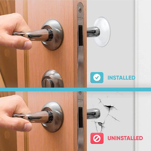 Protect walls and doors with 12 clear rubber bumper shields featuring self-adhesive backing; cushions door handles, absorbs shock, reduces noise, and guards corners and paint from impact in home living spaces showing installed and uninstalled comparison.