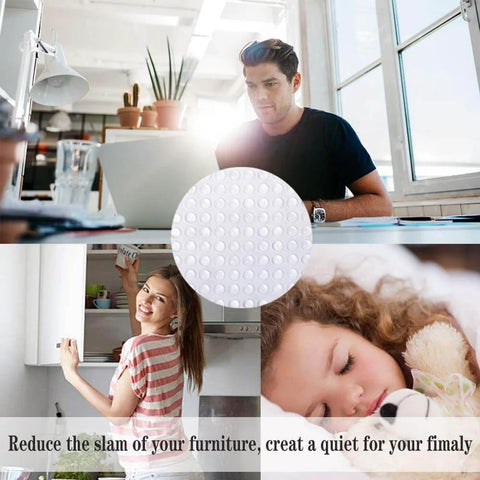 Self Adhesive Clear Rubber Door Bumpers One Quarter Inch Diameter By One Sixteenth Inch Thick Heavy Duty Non Slip Bumpers 100 Pack For Cabinets Doors And Drawers Protect Surfaces Reduce Noise And Scratch Protection image with collage of office, kitchen, and sleeping child