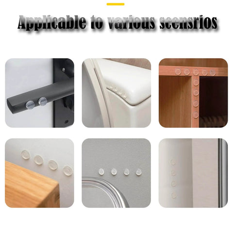 Protect walls and doors with 12 clear rubber bumper shields featuring self-adhesive backing in various home scenarios