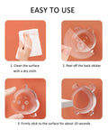 Six Pack Clear Rubber Door Stop Guards for Walls With Self Adhesive Backing in installation steps on orange background