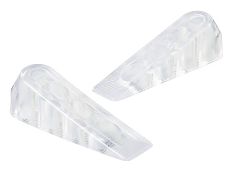 Door Stopper Set: Flexible Rubber Wedge That Grips Tight And Keeps Doors Open, Snug Fit Under Doors, Easy To Use, Durable Non Slip Bottom, Ideal For Laundry Room And Living Room, 2 Pack, showing two clear rubber wedges.