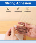 Person holding clear self adhesive rubber furniture wall bumpers door slam silencers anti collision strips for cabinets desks and chairs easy peel and stick 8 long strips no tools needed