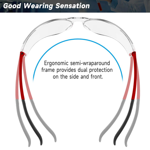 Clear ANSI Z87.1 Safety Eyewear For Men And Women Scratch Resistant Lenses with ergonomic semi-wraparound frame.