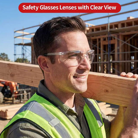 Worker wearing Clear Safety Glasses 24 Pack With Scratch Resistant Polycarbonate Lenses Z87.1 at construction site.