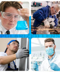 Collage of adults wearing Clear Safety Glasses Bulk Pack 6 Pairs Lightweight Protective Eyewear For lab, workshop, and home use.