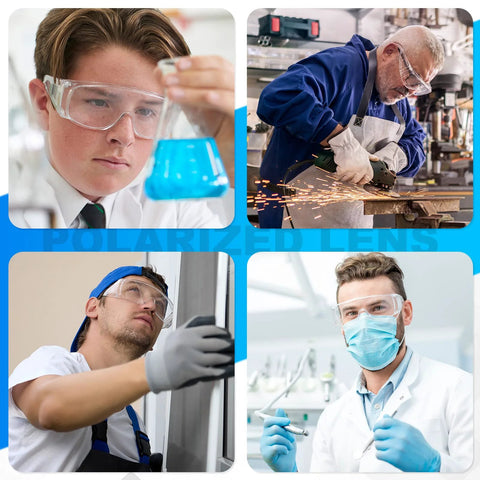 Collage of adults wearing Clear Safety Glasses Bulk Pack 6 Pairs Lightweight Protective Eyewear For lab, workshop, and home use.