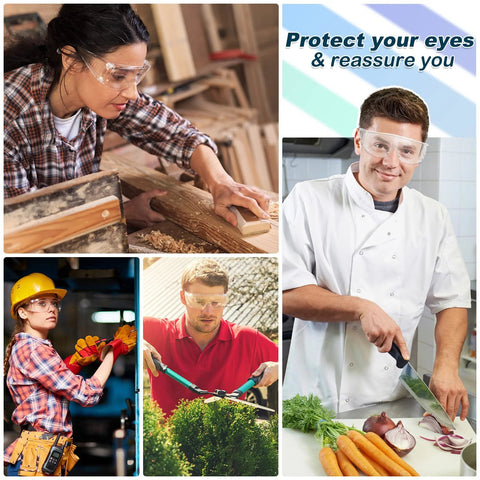 Collage of people using Clear Safety Glasses Bulk Pack 6 Pairs Lightweight Protective Eyewear For All in various work settings.