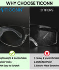 Comparison of TICONN clear safety glasses for men with impact resistant lenses meets ANSI Z87.1 vs scratched alternatives.