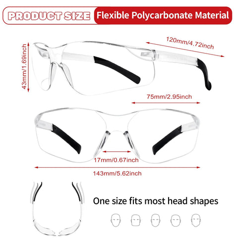 Clear Safety Glasses 24 Pack With Scratch Resistant Polycarbonate Lenses Z87.1 dimensions and flexible material details