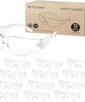 Clear Safety Glasses For Men With Impact Resistant Lenses Meets ANSI Z87.1, 12-pack box and individual pairs displayed
