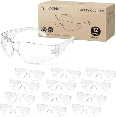 Clear Safety Glasses For Men With Impact Resistant Lenses Meets ANSI Z87.1, 12-pack box and individual pairs displayed
