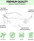 Clear Safety Glasses For Men With Impact Resistant Lenses Meets ANSI Z87.1, showcasing polycarbonate material and features.