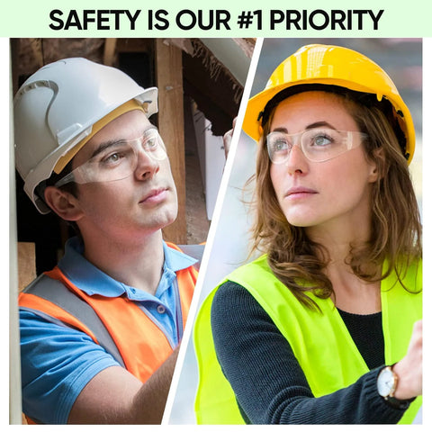 Two workers wearing Clear Safety Glasses For Men With Impact Resistant Lenses Meets ANSI Z87.1, highlighting eye protection.