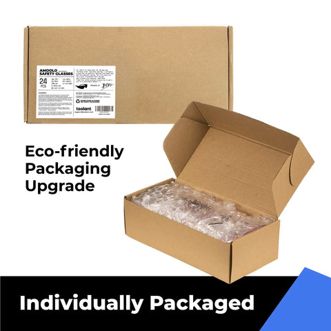 Packaging of Clear Safety Glasses 24 Pack ANSI Z87.1 Impact Resistant Eye Protection UV400, showing eco-friendly and individual boxes.