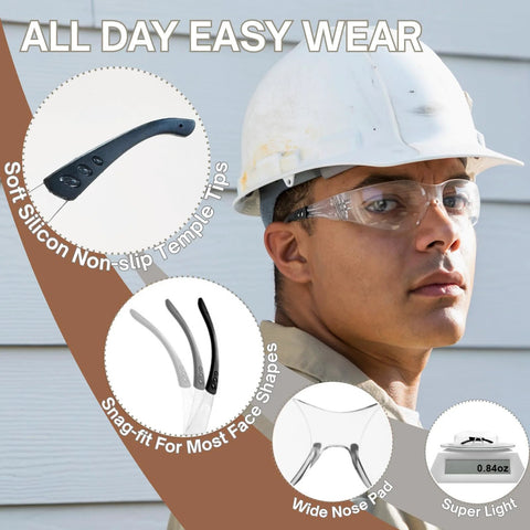 Worker wearing Clear Safety Glasses 12 Pack ANSI Z87.1 Certified Scratch And Impact Resistant with soft non-slip tips.
