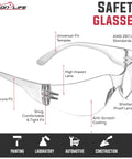 Clear Safety Glasses With Polycarbonate Lens And Wraparound Side Shields Pack 12, anti-scratch coating, universal-fit temples