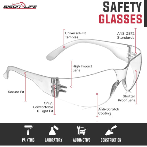 Clear Safety Glasses With Polycarbonate Lens And Wraparound Side Shields Pack 12, anti-scratch coating, universal-fit temples