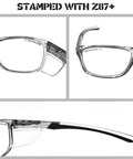 Close-up of clear ANSI Z87+ safety glasses with side shields, highlighting frame details and anti-fog, scratch-resistant lenses for labs.