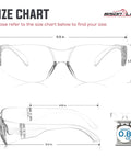 Clear Safety Glasses With Polycarbonate Lens And Wraparound Side Shields Pack 12, size chart showing dimensions and weight.