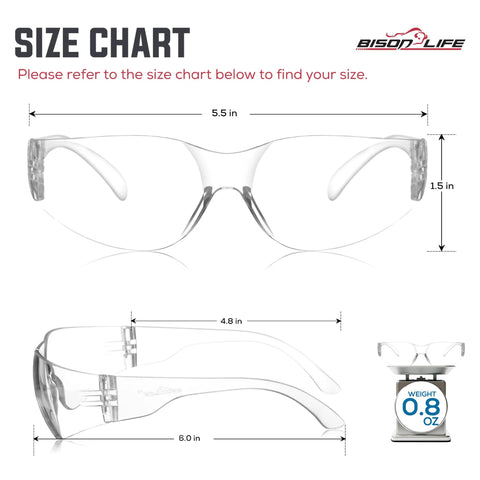Clear Safety Glasses With Polycarbonate Lens And Wraparound Side Shields Pack 12, size chart showing dimensions and weight.