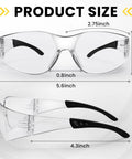 18 Pack Clear Safety Glasses ANSI Z87 1 Lightweight Eye Protection For Work Lab with product size measurements