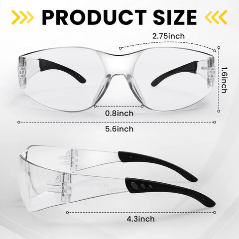 18 Pack Clear Safety Glasses ANSI Z87 1 Lightweight Eye Protection For Work Lab with product size measurements