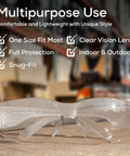 Clear Safety Glasses With Polycarbonate Lens And Wraparound Side Shields Pack 12 on a table, showcasing multipurpose use benefits.