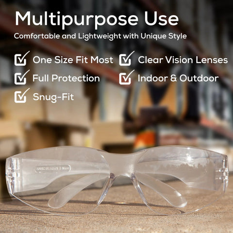 Clear Safety Glasses With Polycarbonate Lens And Wraparound Side Shields Pack 12 on a table, showcasing multipurpose use benefits.